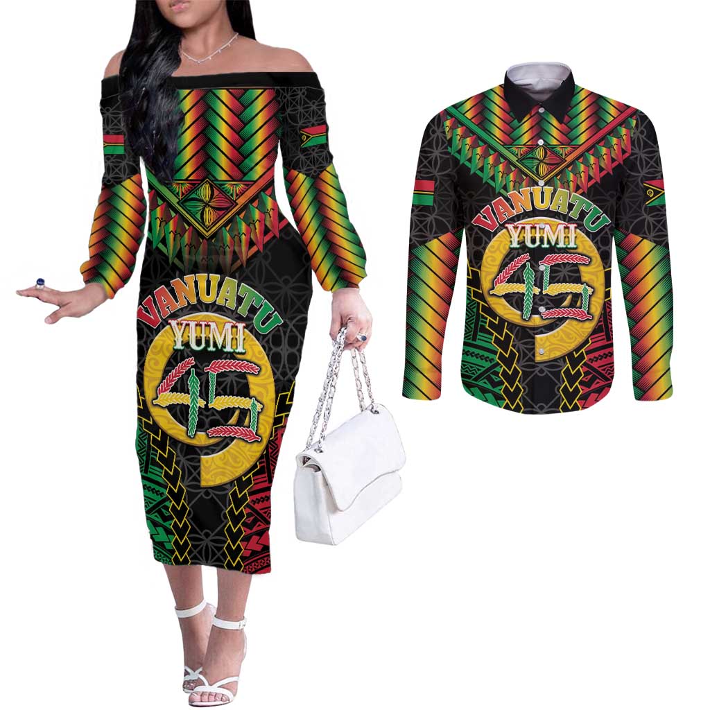 Vanuatu 45th Anniversary Independence Day Couples Matching Off The Shoulder Long Sleeve Dress and Long Sleeve Button Shirt Melanesian Warrior With Sand Drawing Pattern LT05