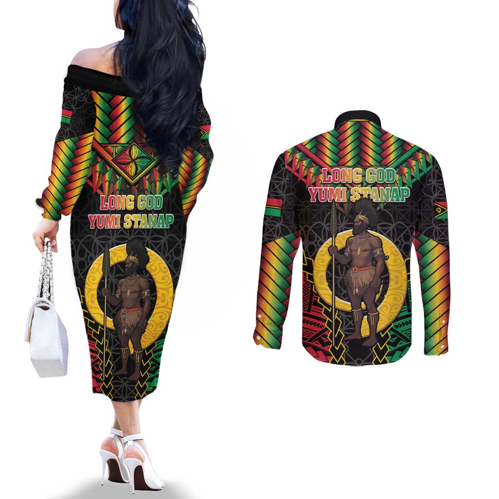 Vanuatu 45th Anniversary Independence Day Couples Matching Off The Shoulder Long Sleeve Dress and Long Sleeve Button Shirt Melanesian Warrior With Sand Drawing Pattern LT05