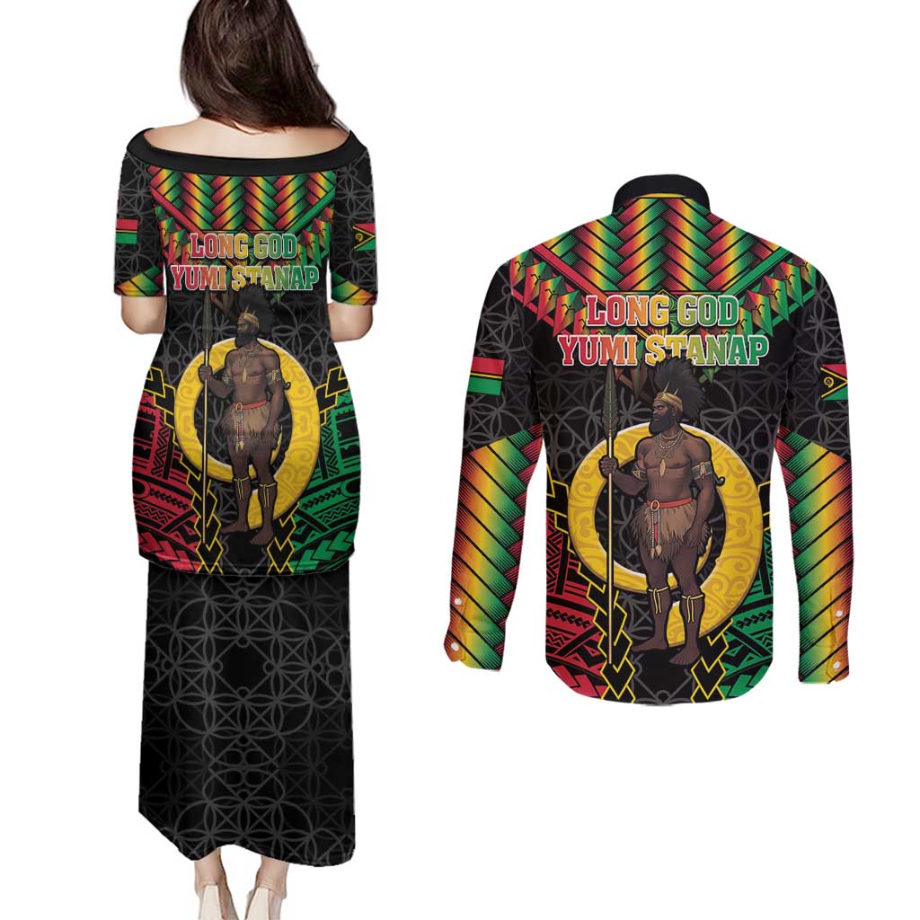 Vanuatu 45th Anniversary Independence Day Couples Matching Puletasi and Long Sleeve Button Shirt Melanesian Warrior With Sand Drawing Pattern LT05