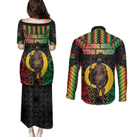 Vanuatu 45th Anniversary Independence Day Couples Matching Puletasi and Long Sleeve Button Shirt Melanesian Warrior With Sand Drawing Pattern LT05
