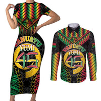 Vanuatu 45th Anniversary Independence Day Couples Matching Short Sleeve Bodycon Dress and Long Sleeve Button Shirt Melanesian Warrior With Sand Drawing Pattern LT05