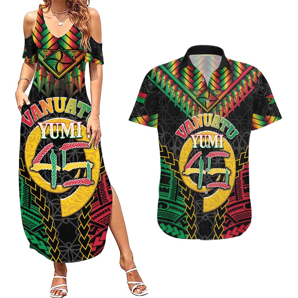 Vanuatu 45th Anniversary Independence Day Couples Matching Summer Maxi Dress and Hawaiian Shirt Melanesian Warrior With Sand Drawing Pattern LT05