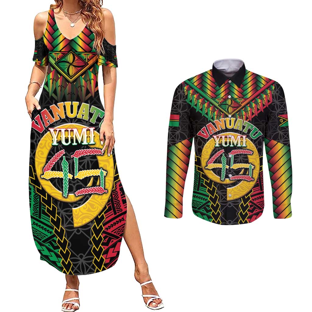 Vanuatu 45th Anniversary Independence Day Couples Matching Summer Maxi Dress and Long Sleeve Button Shirt Melanesian Warrior With Sand Drawing Pattern LT05