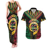 Vanuatu 45th Anniversary Independence Day Couples Matching Tank Maxi Dress and Hawaiian Shirt Melanesian Warrior With Sand Drawing Pattern LT05
