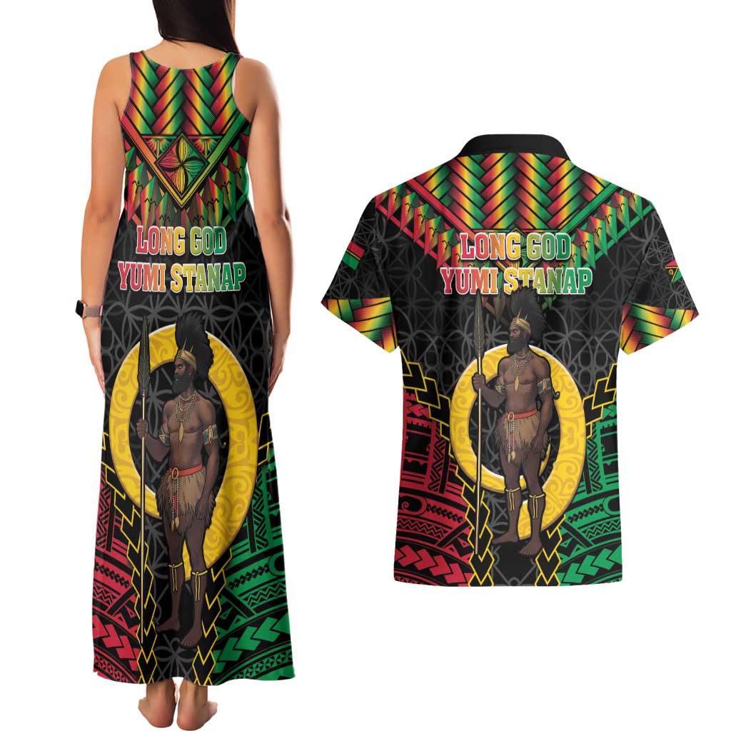 Vanuatu 45th Anniversary Independence Day Couples Matching Tank Maxi Dress and Hawaiian Shirt Melanesian Warrior With Sand Drawing Pattern LT05
