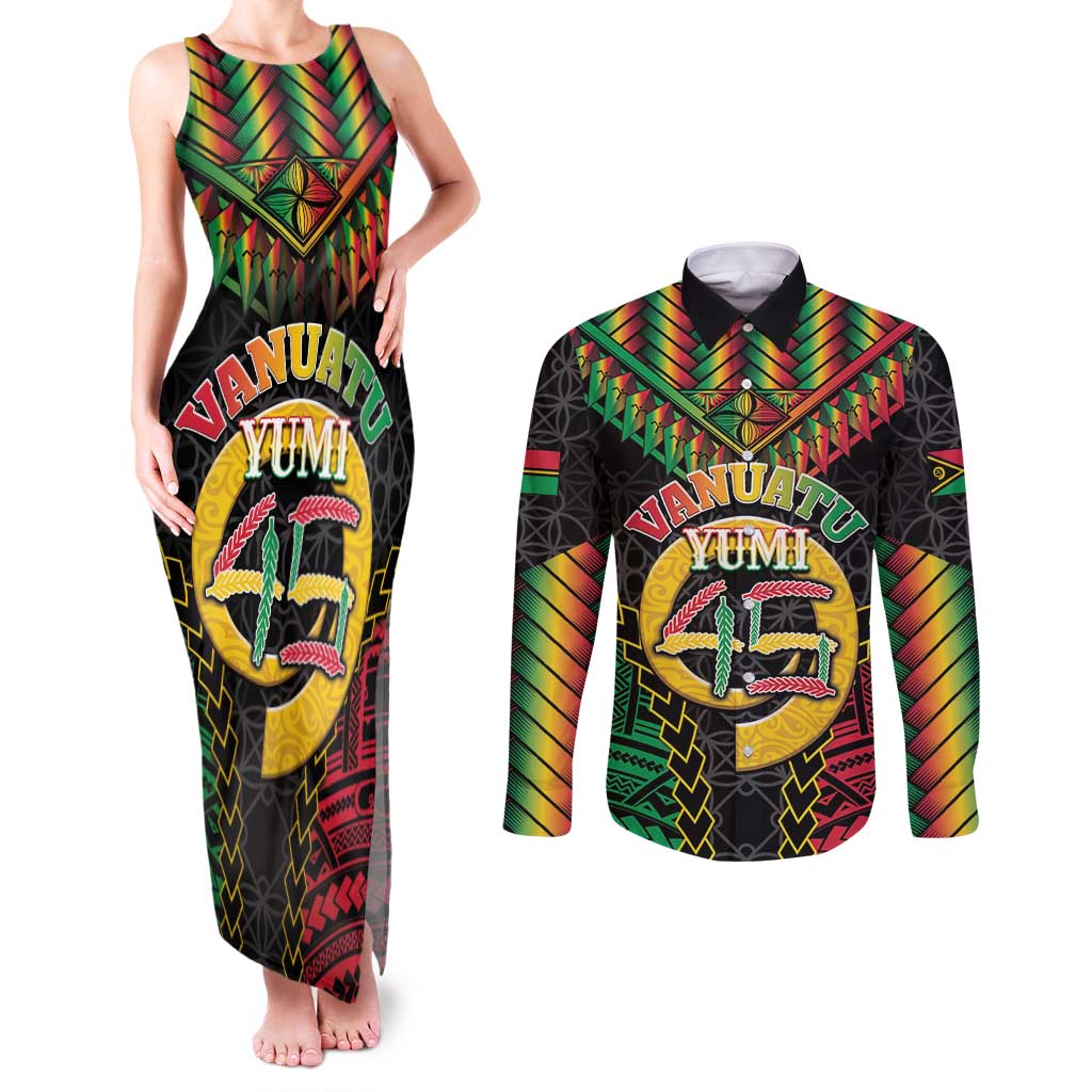 Vanuatu 45th Anniversary Independence Day Couples Matching Tank Maxi Dress and Long Sleeve Button Shirt Melanesian Warrior With Sand Drawing Pattern LT05