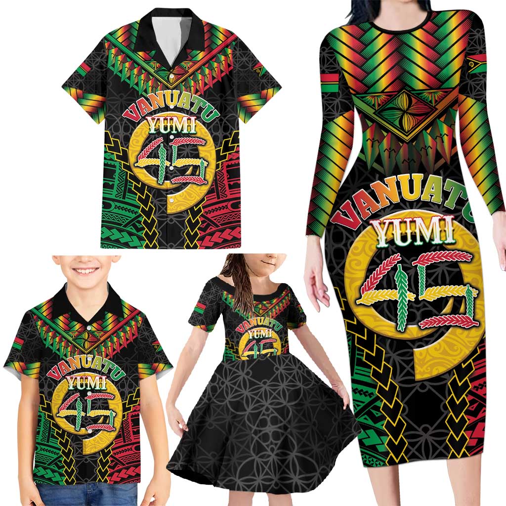 Vanuatu 45th Anniversary Independence Day Family Matching Long Sleeve Bodycon Dress and Hawaiian Shirt Melanesian Warrior With Sand Drawing Pattern LT05
