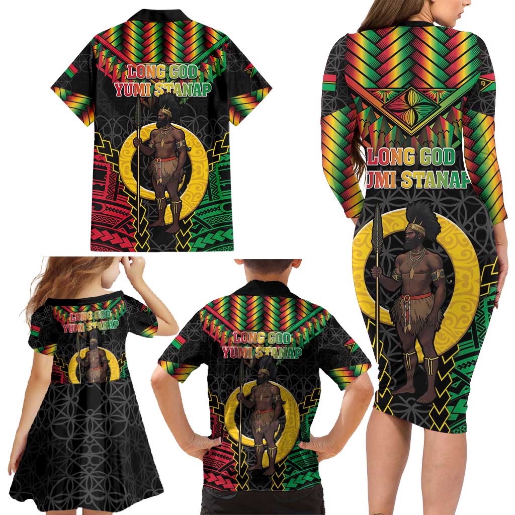 Vanuatu 45th Anniversary Independence Day Family Matching Long Sleeve Bodycon Dress and Hawaiian Shirt Melanesian Warrior With Sand Drawing Pattern LT05 - Polynesian Pride