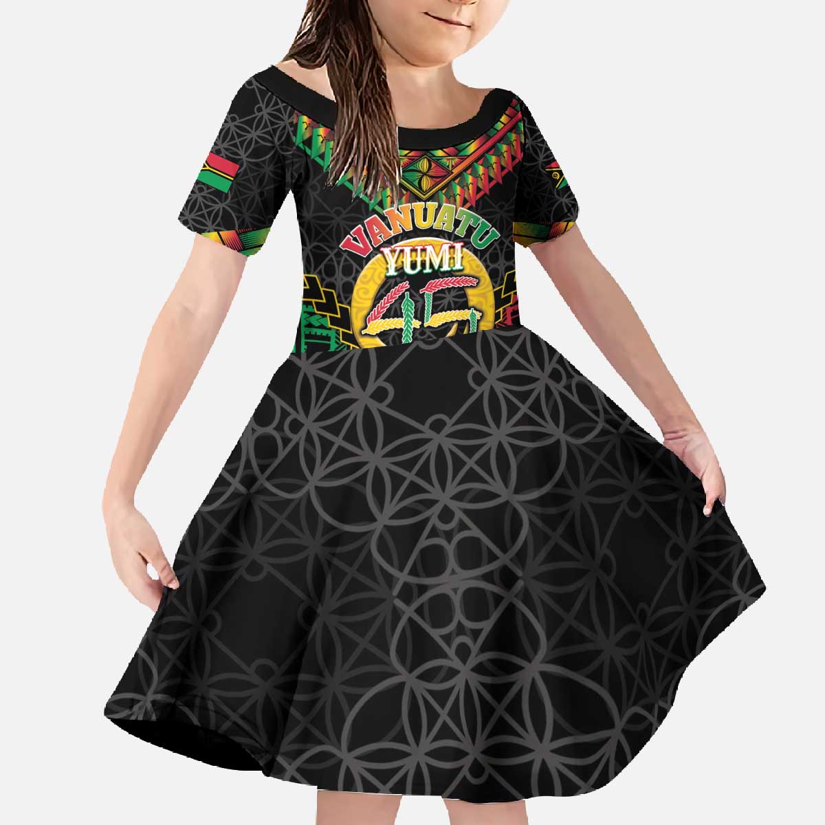 Vanuatu 45th Anniversary Independence Day Family Matching Off The Shoulder Long Sleeve Dress and Hawaiian Shirt Melanesian Warrior With Sand Drawing Pattern LT05 Daughter's Dress Black - Polynesian Pride