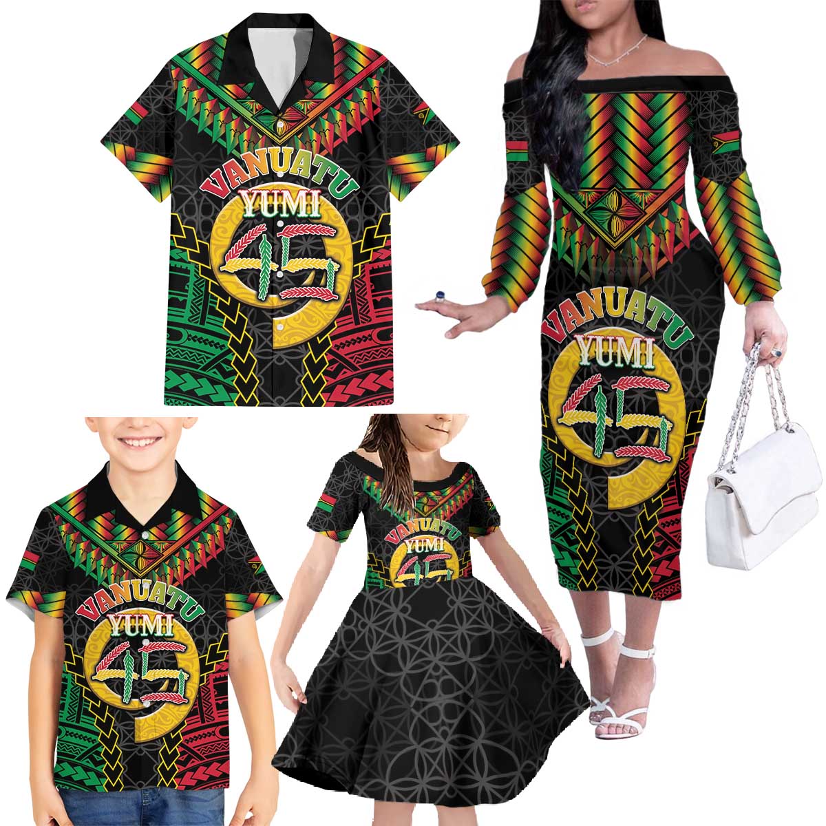 Vanuatu 45th Anniversary Independence Day Family Matching Off The Shoulder Long Sleeve Dress and Hawaiian Shirt Melanesian Warrior With Sand Drawing Pattern LT05 - Polynesian Pride