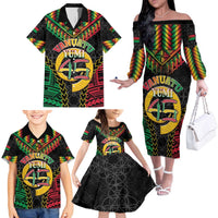 Vanuatu 45th Anniversary Independence Day Family Matching Off The Shoulder Long Sleeve Dress and Hawaiian Shirt Melanesian Warrior With Sand Drawing Pattern LT05 - Polynesian Pride
