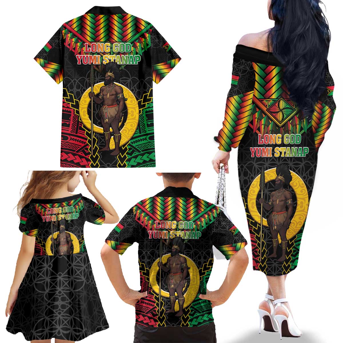 Vanuatu 45th Anniversary Independence Day Family Matching Off The Shoulder Long Sleeve Dress and Hawaiian Shirt Melanesian Warrior With Sand Drawing Pattern LT05 - Polynesian Pride