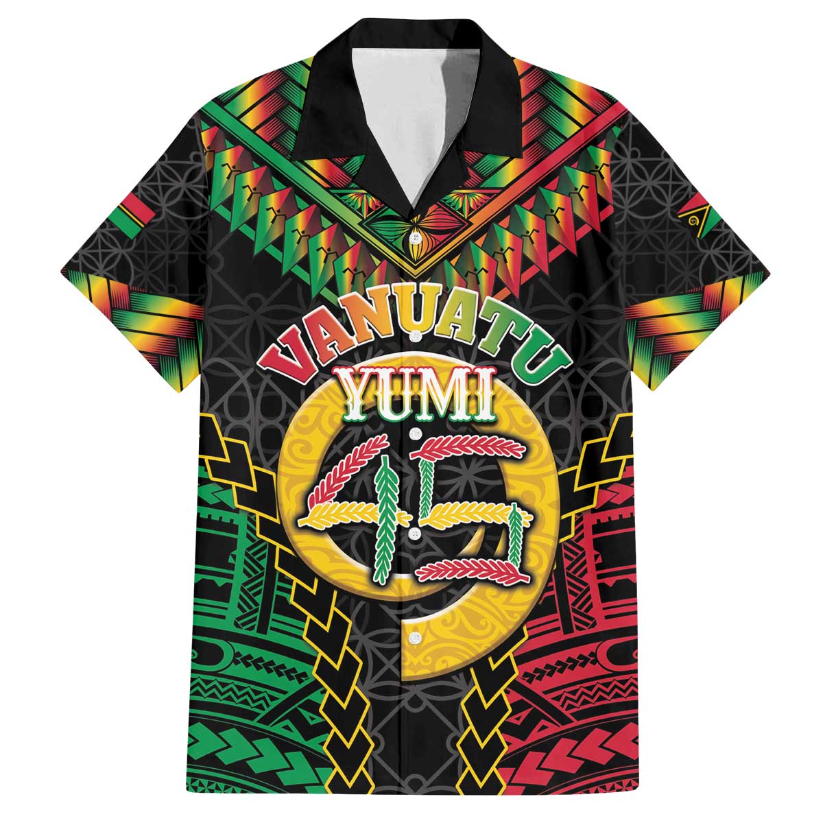 Vanuatu 45th Anniversary Independence Day Family Matching Off The Shoulder Long Sleeve Dress and Hawaiian Shirt Melanesian Warrior With Sand Drawing Pattern LT05 Dad's Shirt - Short Sleeve Black - Polynesian Pride