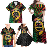 Vanuatu 45th Anniversary Independence Day Family Matching Off Shoulder Maxi Dress and Hawaiian Shirt Melanesian Warrior With Sand Drawing Pattern LT05