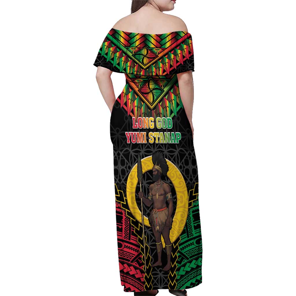 Vanuatu 45th Anniversary Independence Day Family Matching Off Shoulder Maxi Dress and Hawaiian Shirt Melanesian Warrior With Sand Drawing Pattern LT05