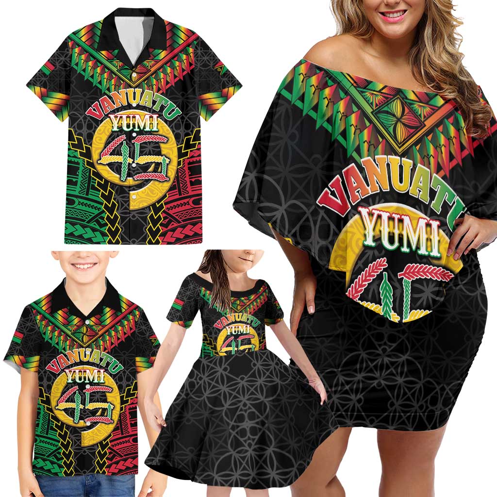 Vanuatu 45th Anniversary Independence Day Family Matching Off Shoulder Short Dress and Hawaiian Shirt Melanesian Warrior With Sand Drawing Pattern LT05