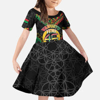 Vanuatu 45th Anniversary Independence Day Family Matching Short Sleeve Bodycon Dress and Hawaiian Shirt Melanesian Warrior With Sand Drawing Pattern LT05 Daughter's Dress Black - Polynesian Pride