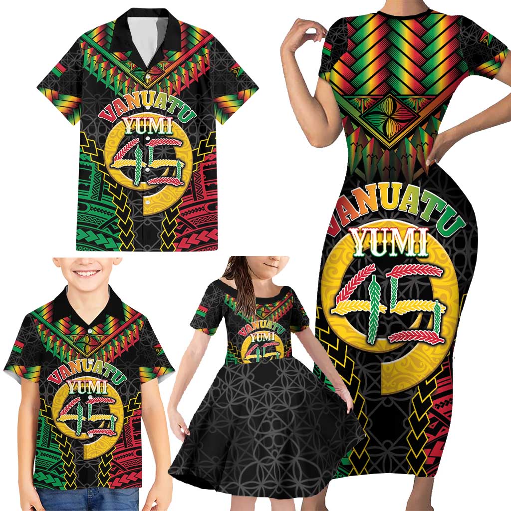Vanuatu 45th Anniversary Independence Day Family Matching Short Sleeve Bodycon Dress and Hawaiian Shirt Melanesian Warrior With Sand Drawing Pattern LT05 - Polynesian Pride