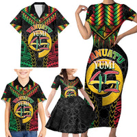 Vanuatu 45th Anniversary Independence Day Family Matching Short Sleeve Bodycon Dress and Hawaiian Shirt Melanesian Warrior With Sand Drawing Pattern LT05 - Polynesian Pride