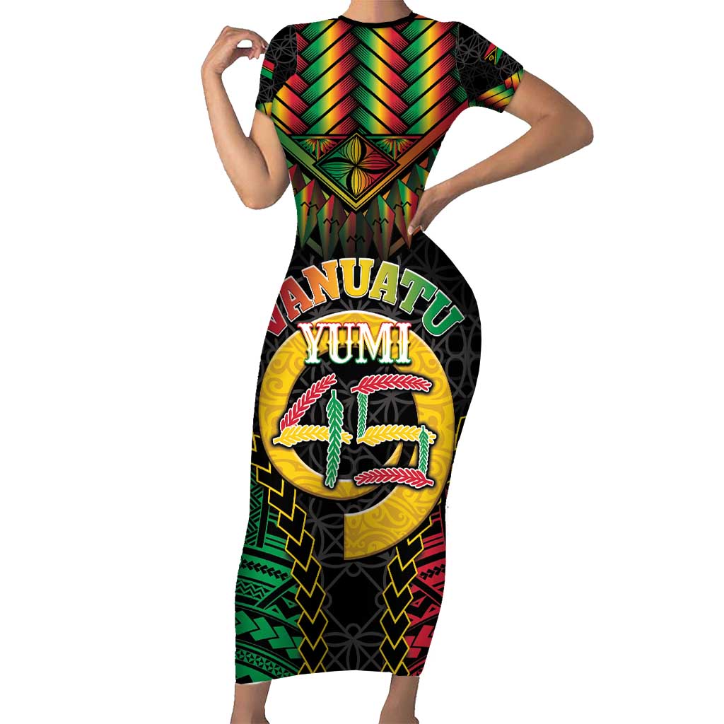 Vanuatu 45th Anniversary Independence Day Family Matching Short Sleeve Bodycon Dress and Hawaiian Shirt Melanesian Warrior With Sand Drawing Pattern LT05 Mom's Dress Black - Polynesian Pride