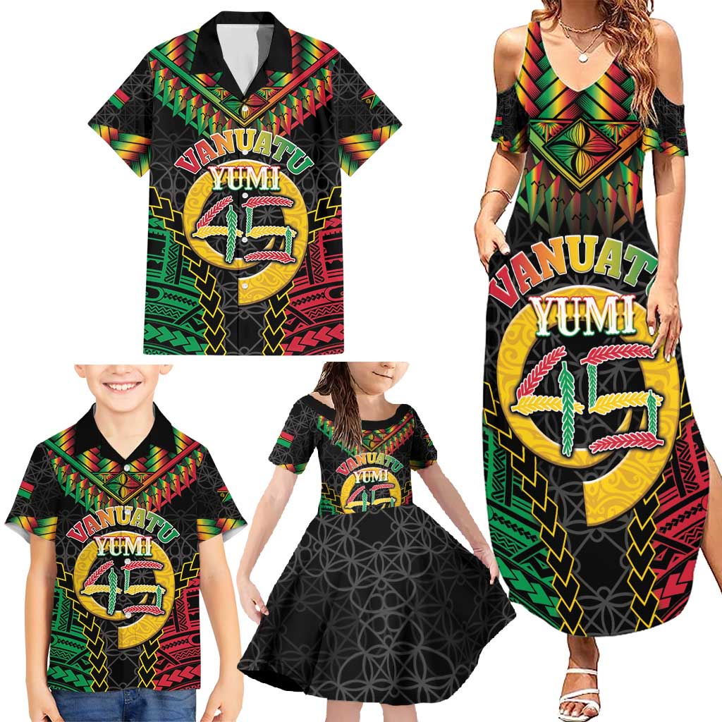 Vanuatu 45th Anniversary Independence Day Family Matching Summer Maxi Dress and Hawaiian Shirt Melanesian Warrior With Sand Drawing Pattern LT05