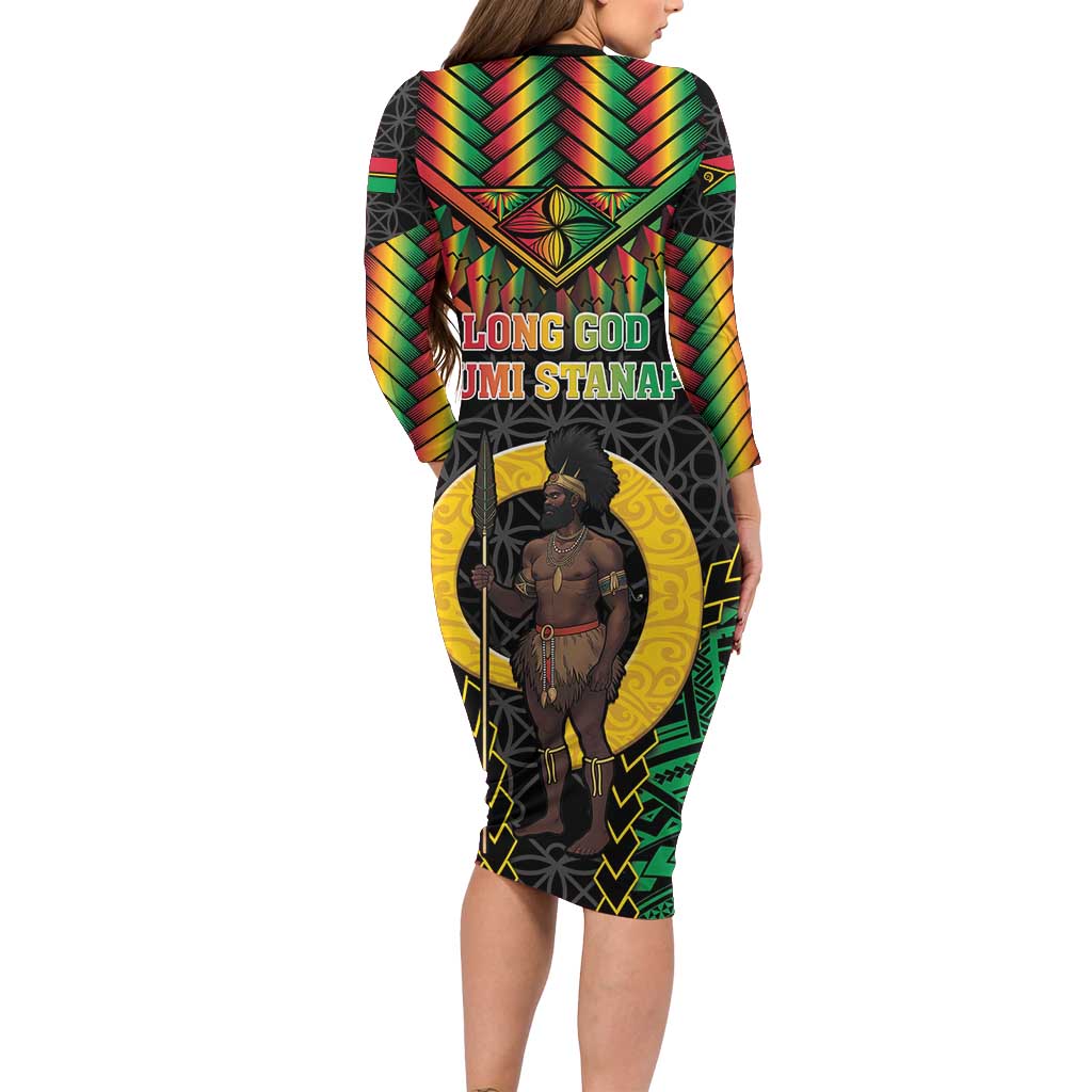 Vanuatu 45th Anniversary Independence Day Long Sleeve Bodycon Dress Melanesian Warrior With Sand Drawing Pattern LT05