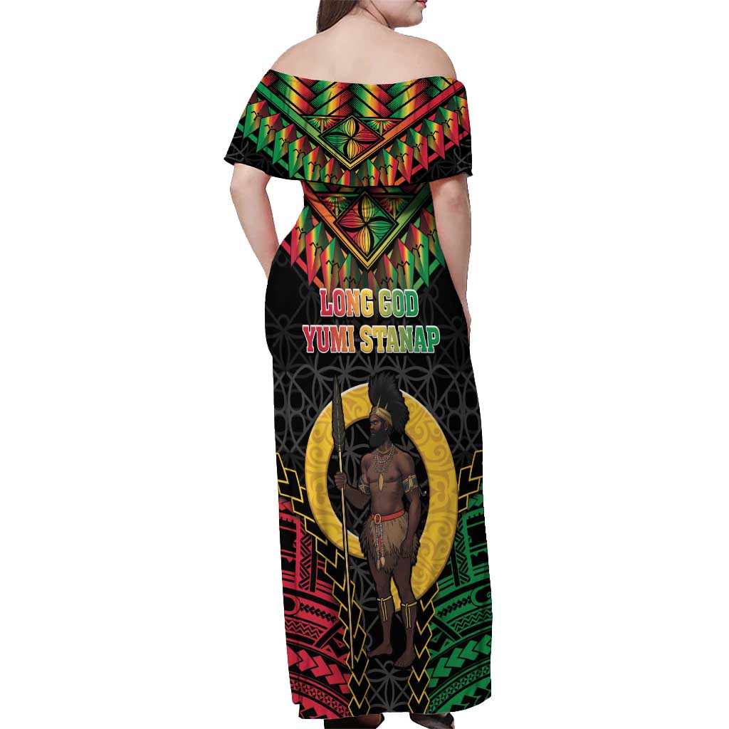 Vanuatu 45th Anniversary Independence Day Off Shoulder Maxi Dress Melanesian Warrior With Sand Drawing Pattern LT05