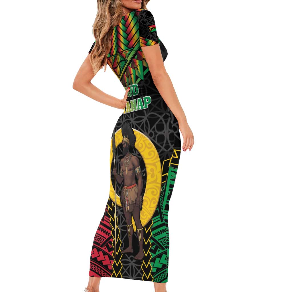 Vanuatu 45th Anniversary Independence Day Short Sleeve Bodycon Dress Melanesian Warrior With Sand Drawing Pattern LT05