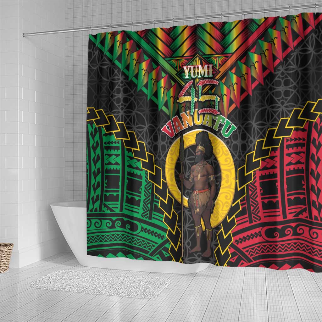 Vanuatu 45th Anniversary Independence Day Shower Curtain Melanesian Warrior With Sand Drawing Pattern LT05