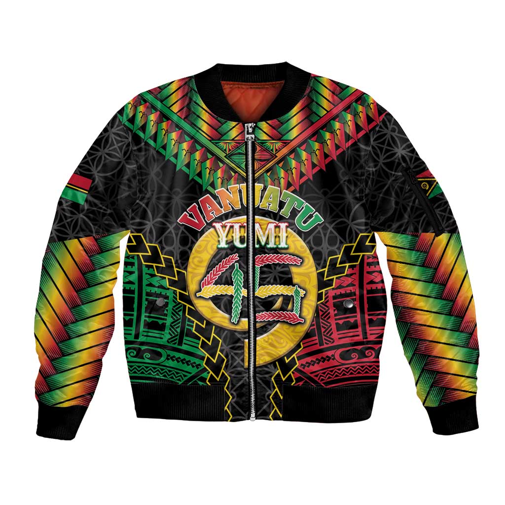 Vanuatu 45th Anniversary Independence Day Sleeve Zip Bomber Jacket Melanesian Warrior With Sand Drawing Pattern LT05