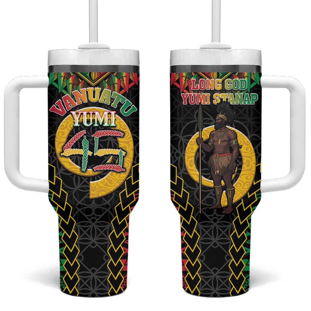 Vanuatu 45th Anniversary Independence Day Tumbler With Handle Melanesian Warrior With Sand Drawing Pattern LT05