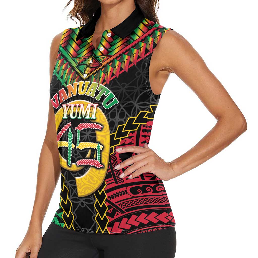 Vanuatu 45th Anniversary Independence Day Women Sleeveless Polo Shirt Melanesian Warrior With Sand Drawing Pattern LT05