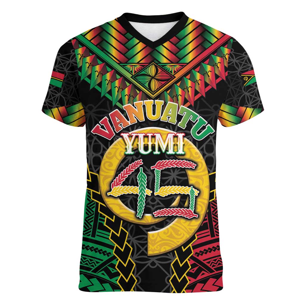 Vanuatu 45th Anniversary Independence Day Women V-Neck T-Shirt Melanesian Warrior With Sand Drawing Pattern LT05