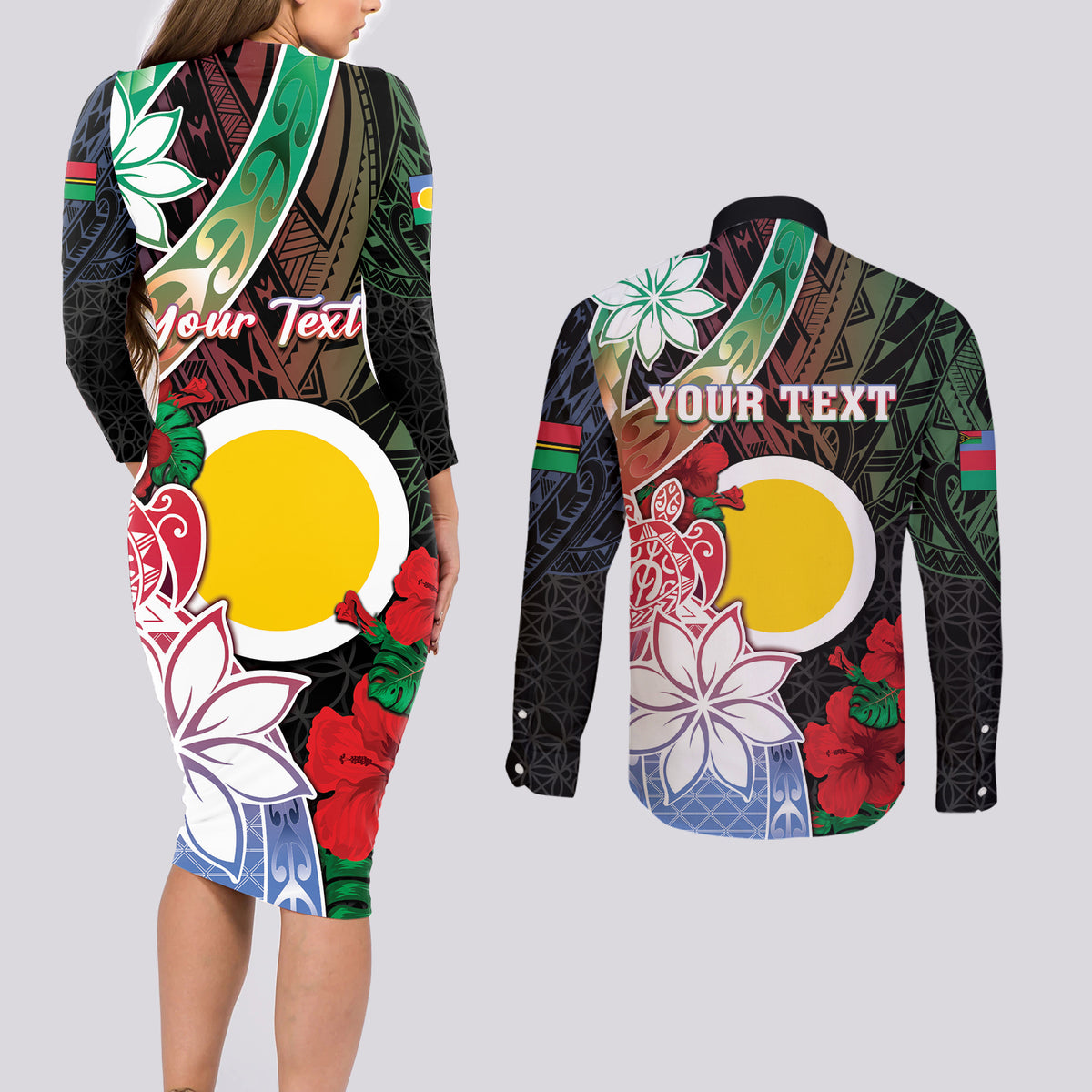 Personalised Vanuatu Shefa Day Couples Matching Long Sleeve Bodycon Dress and Long Sleeve Button Shirt Floral Pattern