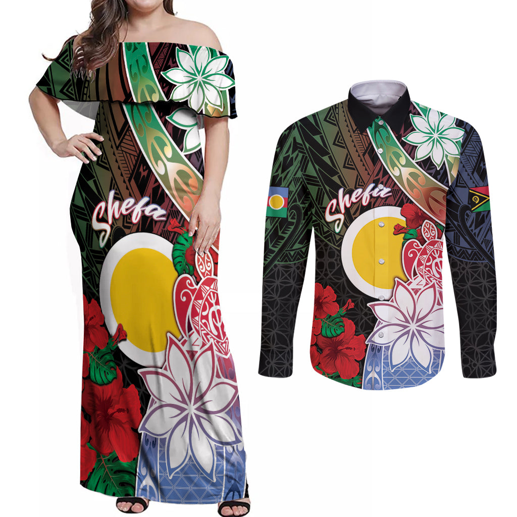 Personalised Vanuatu Shefa Day Couples Matching Off Shoulder Maxi Dress and Long Sleeve Button Shirt Floral Pattern