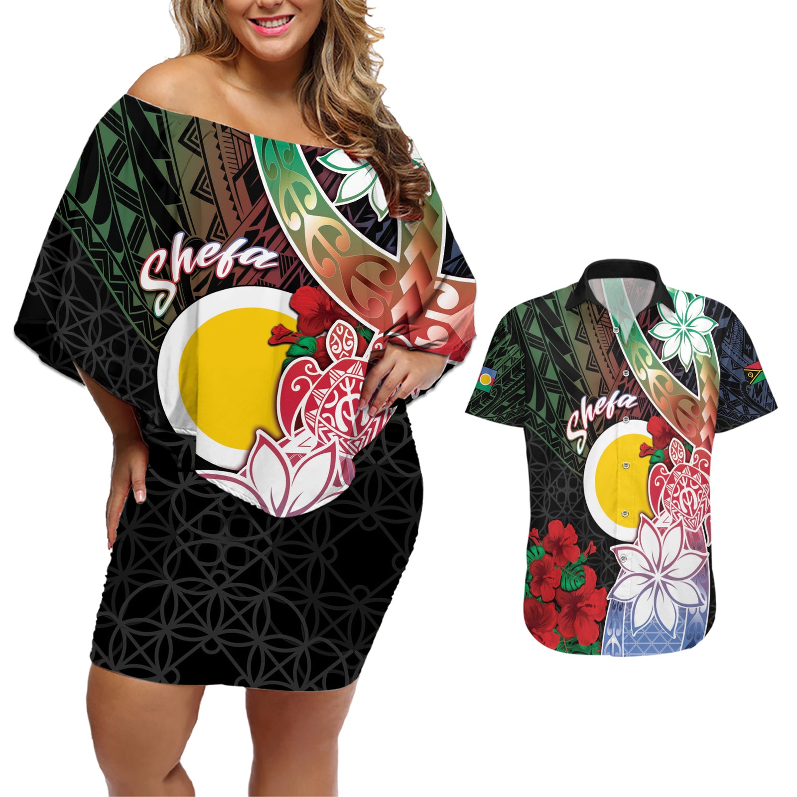 Personalised Vanuatu Shefa Day Couples Matching Off Shoulder Short Dress and Hawaiian Shirt Floral Pattern
