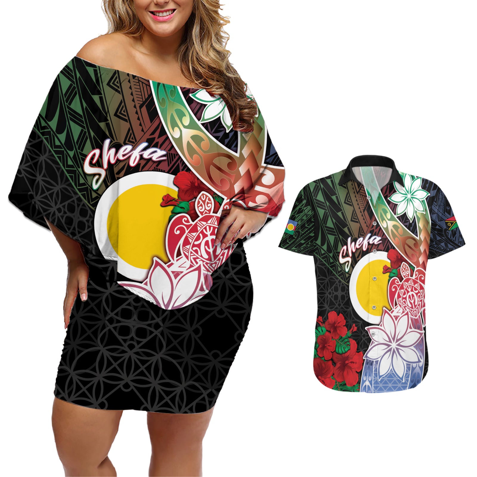 Personalised Vanuatu Shefa Day Couples Matching Off Shoulder Short Dress and Hawaiian Shirt Floral Pattern