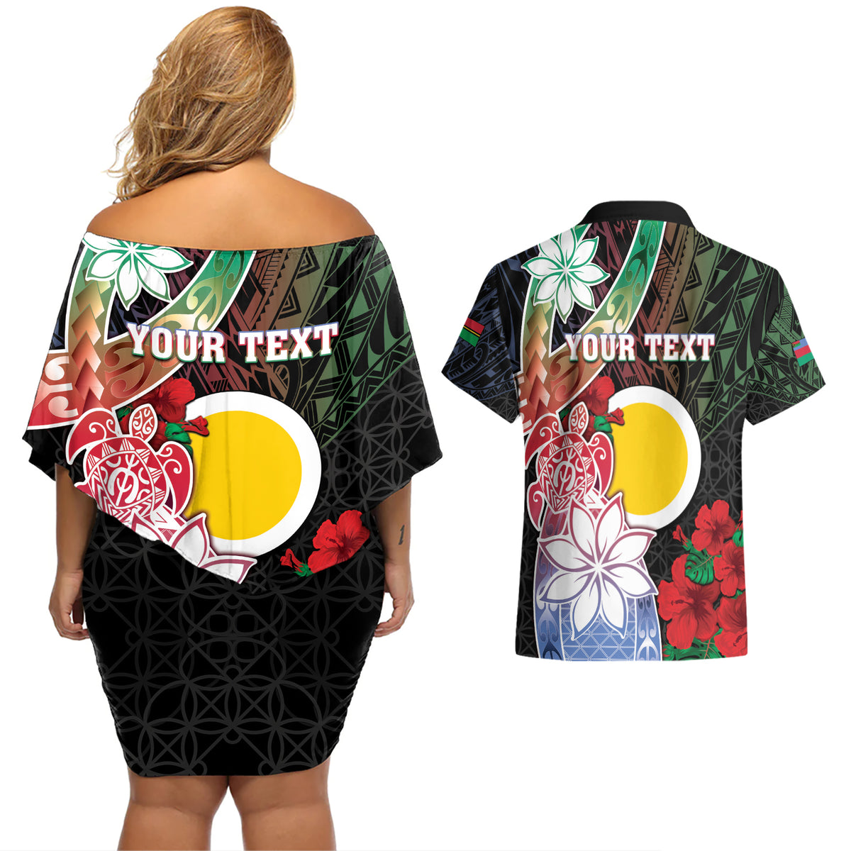 Personalised Vanuatu Shefa Day Couples Matching Off Shoulder Short Dress and Hawaiian Shirt Floral Pattern