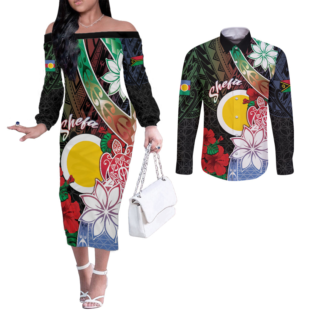 Personalised Vanuatu Shefa Day Couples Matching Off The Shoulder Long Sleeve Dress and Long Sleeve Button Shirt Floral Pattern
