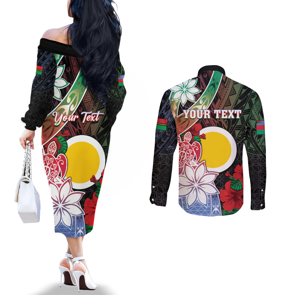 Personalised Vanuatu Shefa Day Couples Matching Off The Shoulder Long Sleeve Dress and Long Sleeve Button Shirt Floral Pattern
