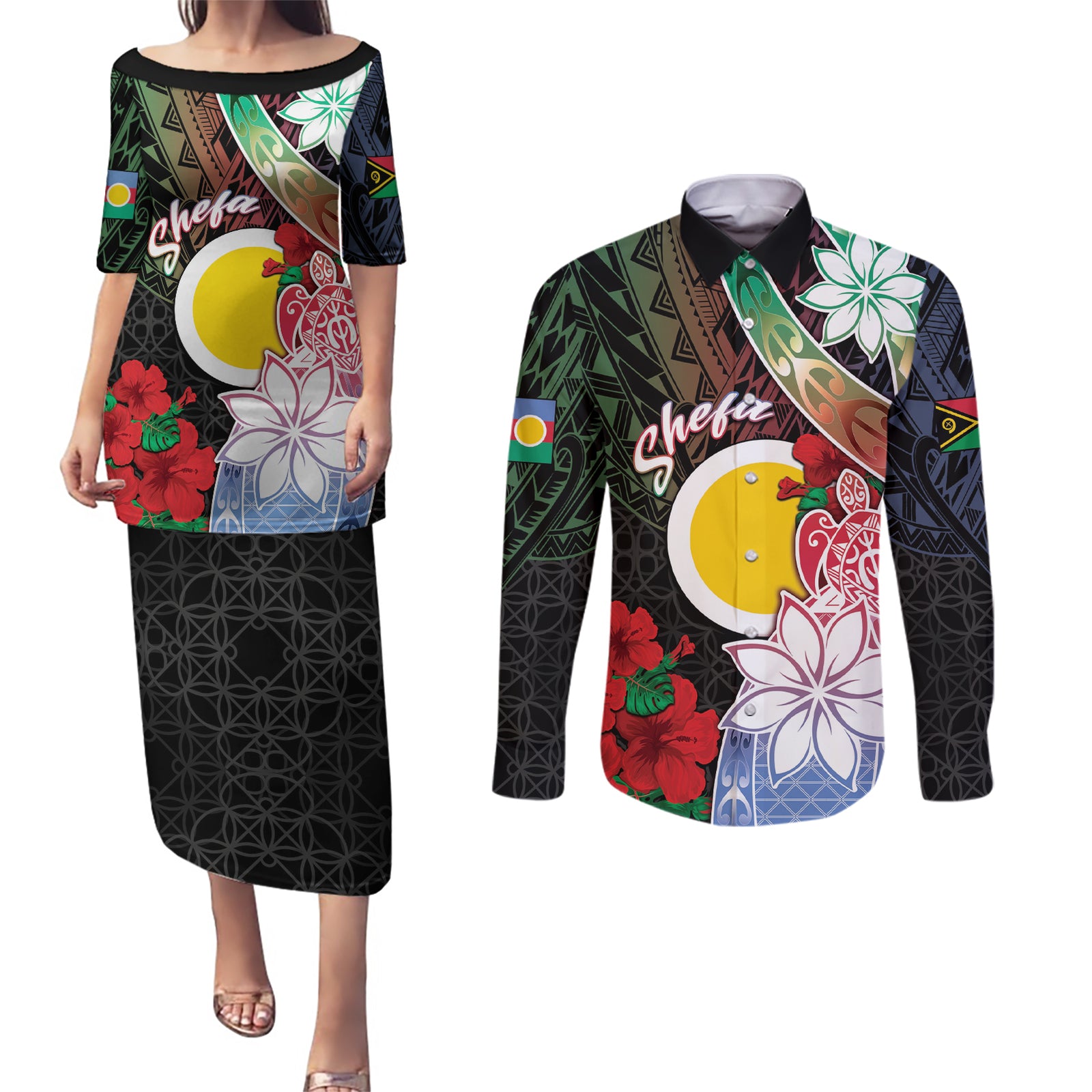 Personalised Vanuatu Shefa Day Couples Matching Puletasi and Long Sleeve Button Shirt Floral Pattern