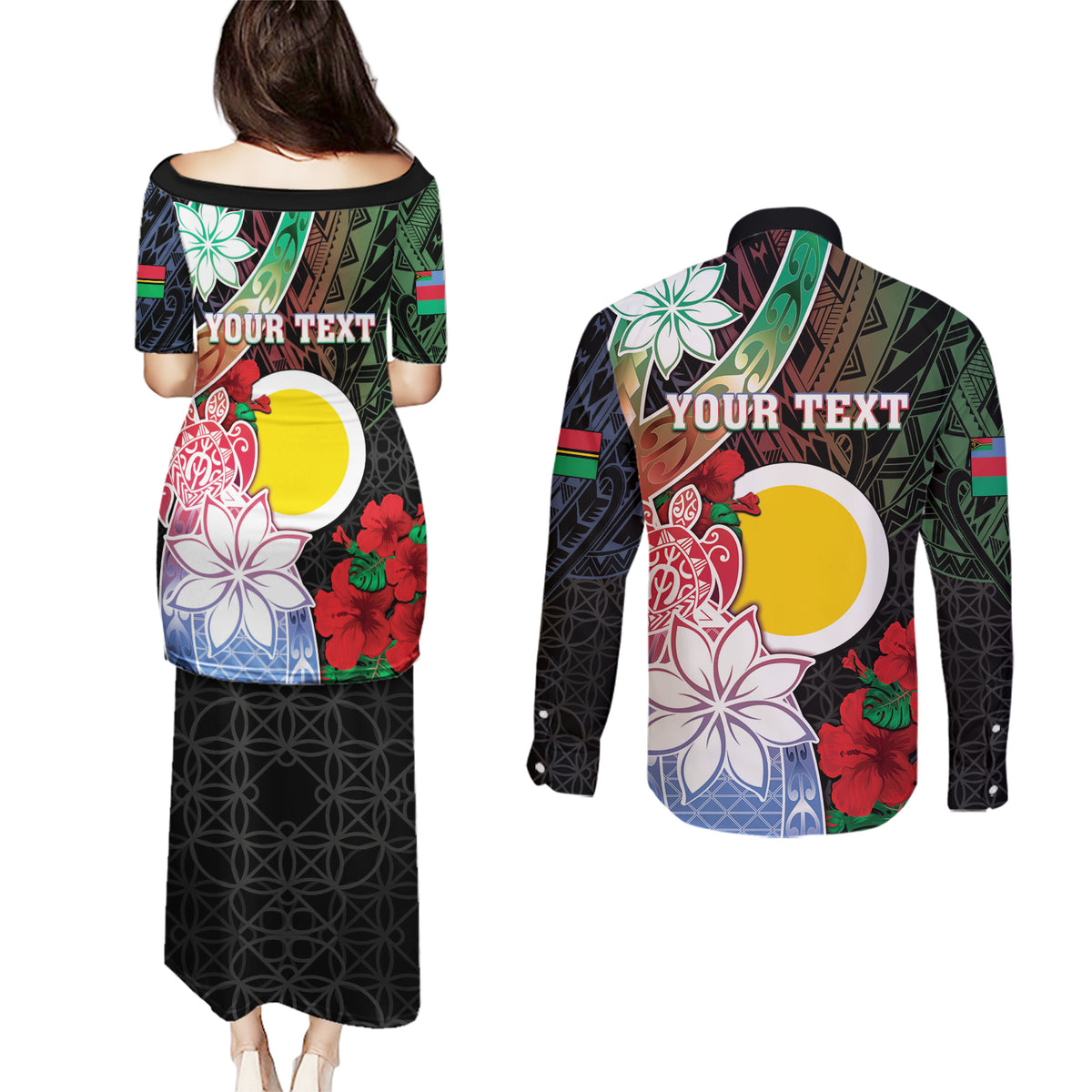 Personalised Vanuatu Shefa Day Couples Matching Puletasi and Long Sleeve Button Shirt Floral Pattern