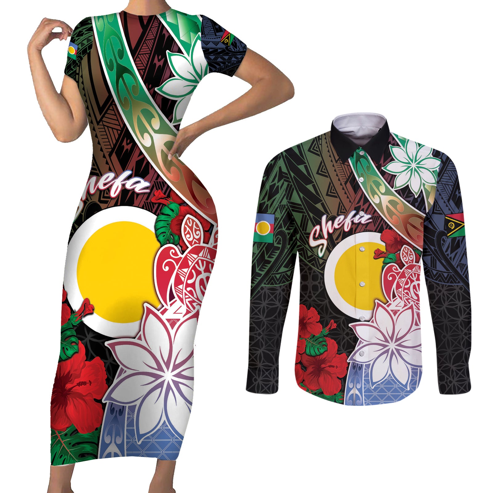 Personalised Vanuatu Shefa Day Couples Matching Short Sleeve Bodycon Dress and Long Sleeve Button Shirt Floral Pattern