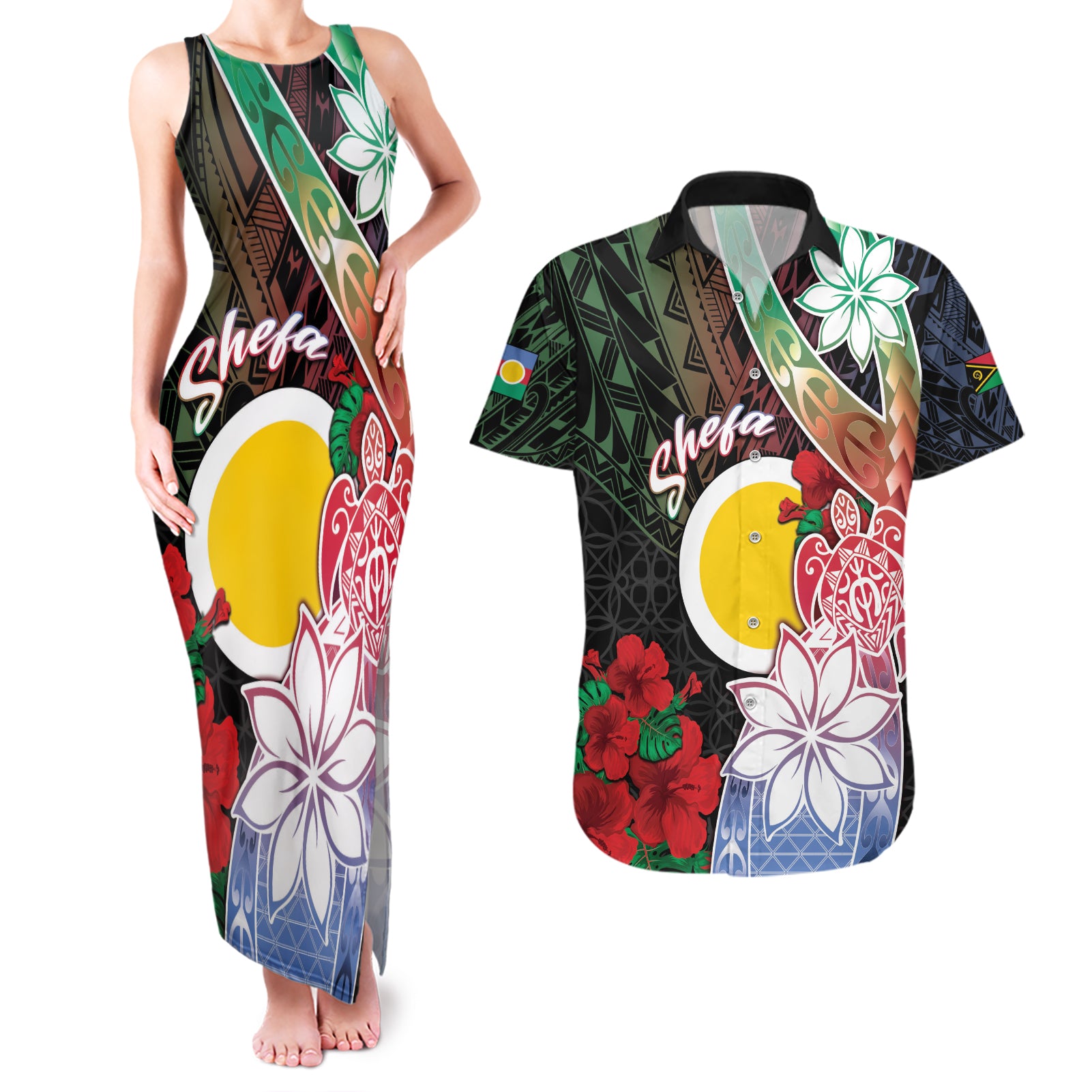 Personalised Vanuatu Shefa Day Couples Matching Tank Maxi Dress and Hawaiian Shirt Floral Pattern
