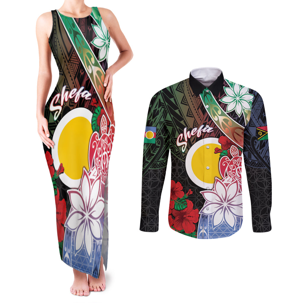 Personalised Vanuatu Shefa Day Couples Matching Tank Maxi Dress and Long Sleeve Button Shirt Floral Pattern