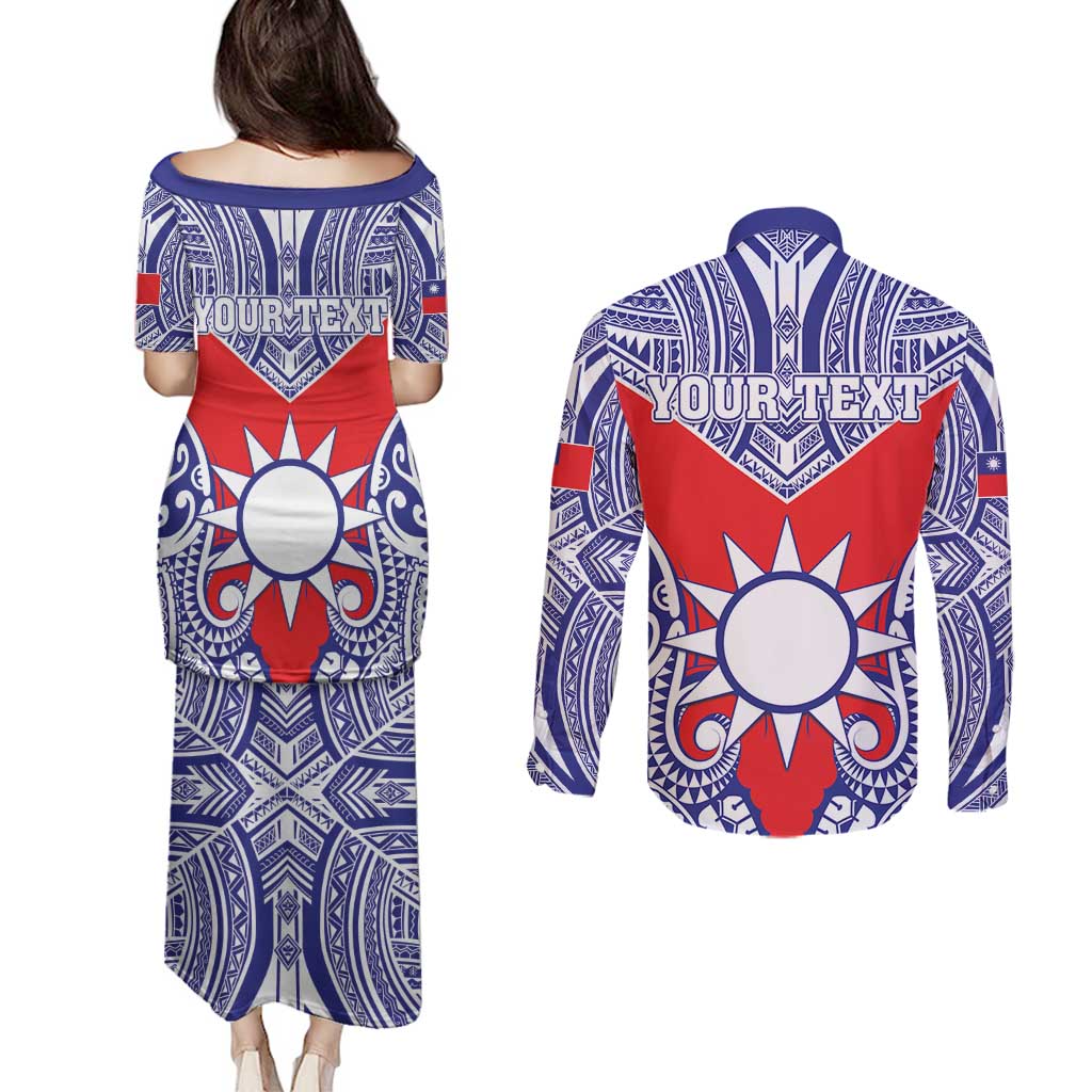 Personalised Taiwan Couples Matching Puletasi and Long Sleeve Button Shirt Austronesian Tribal Tattoo Red - Polynesian Pride