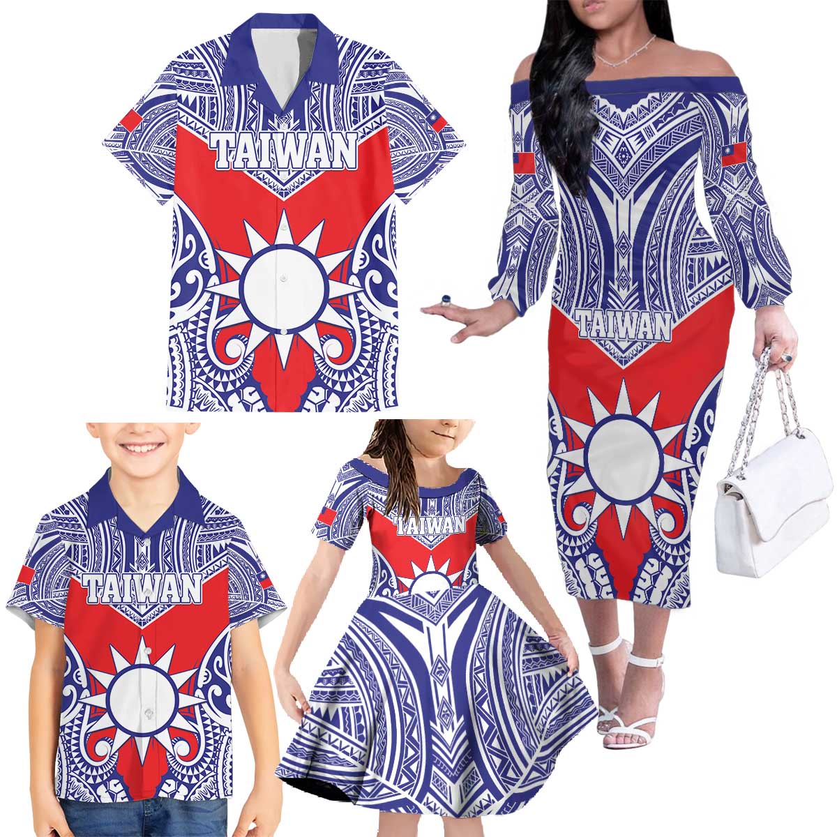 Personalised Taiwan Family Matching Off The Shoulder Long Sleeve Dress and Hawaiian Shirt Austronesian Tribal Tattoo Red LT05 - Polynesian Pride