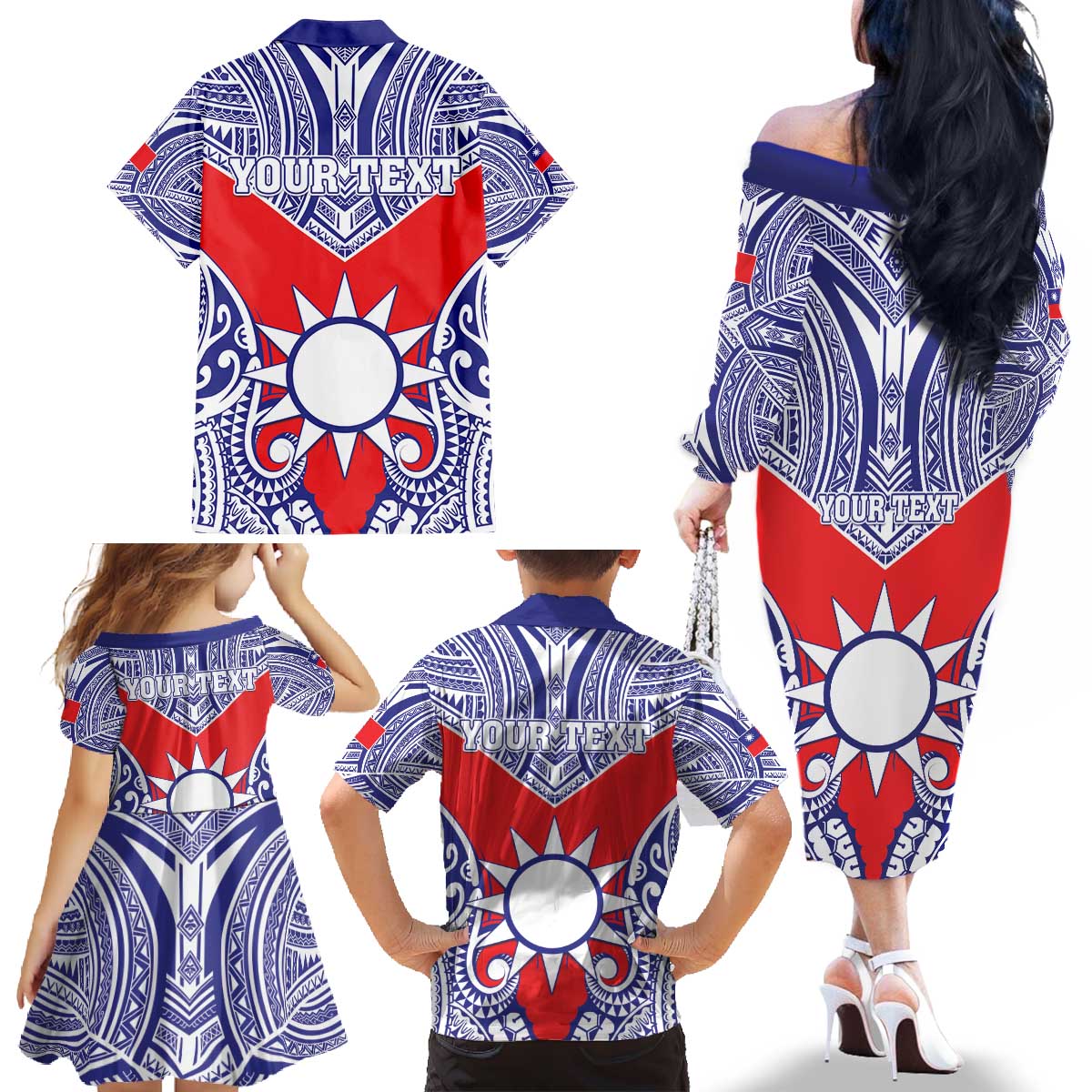 Personalised Taiwan Family Matching Off The Shoulder Long Sleeve Dress and Hawaiian Shirt Austronesian Tribal Tattoo Red LT05 - Polynesian Pride