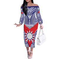 Personalised Taiwan Off The Shoulder Long Sleeve Dress Austronesian Tribal Tattoo Red - Polynesian Pride