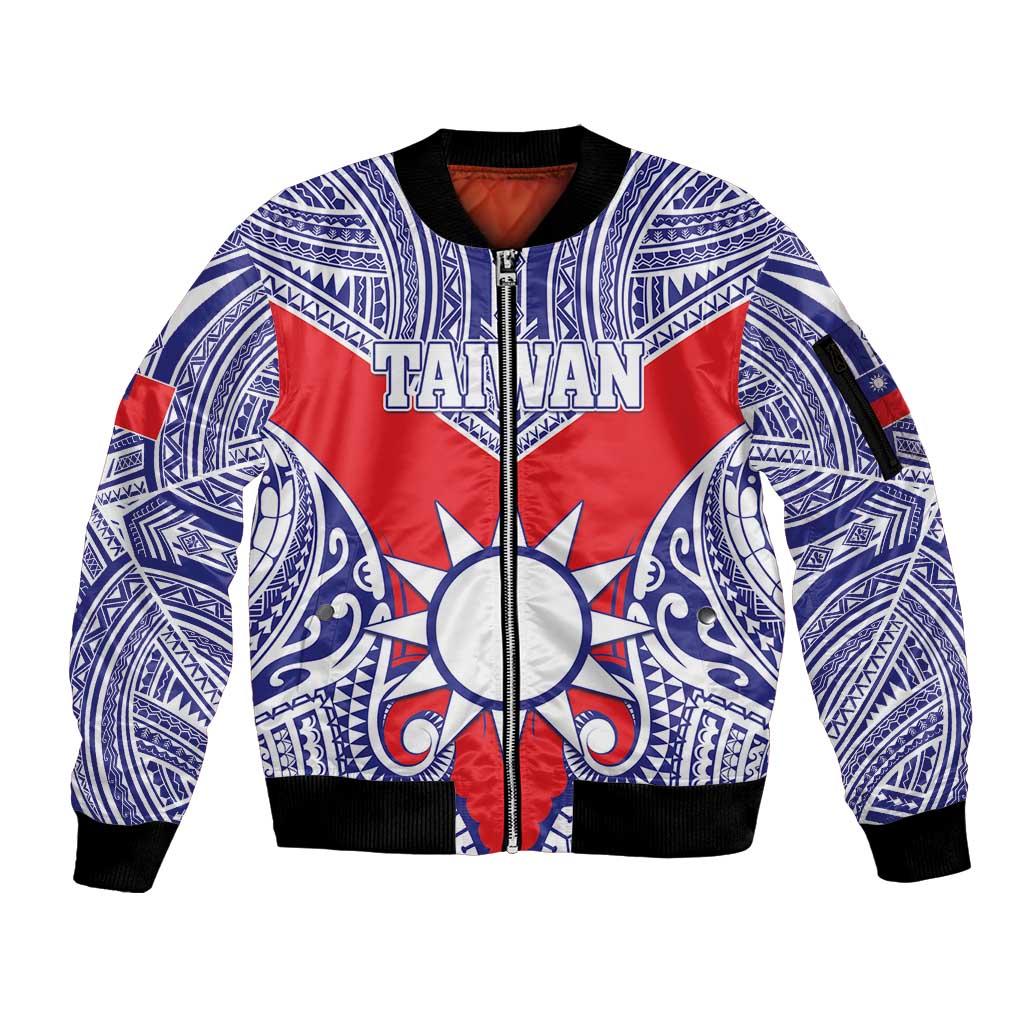 Personalised Taiwan Sleeve Zip Bomber Jacket Austronesian Tribal Tattoo Red - Polynesian Pride